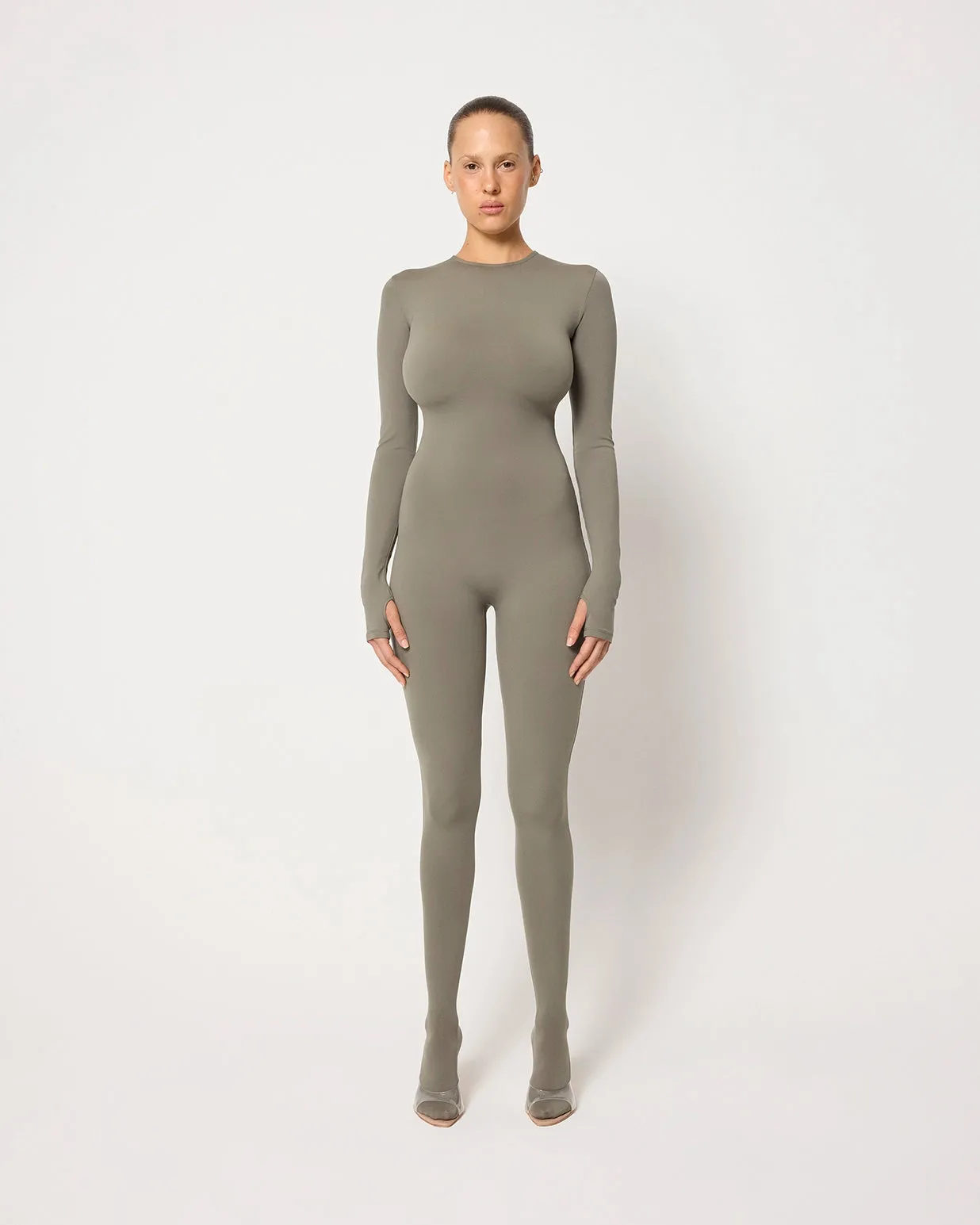 Long Sleeve Footed Catsuit | Dusty Olive sold by KHY product image thumbnail 3