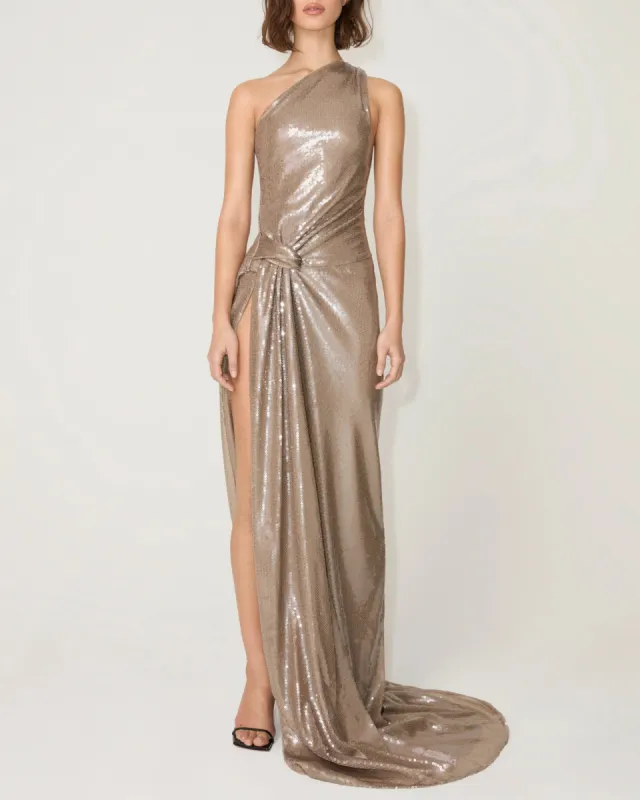 Sequin One Shoulder Gown | Champagne sold by KHY
