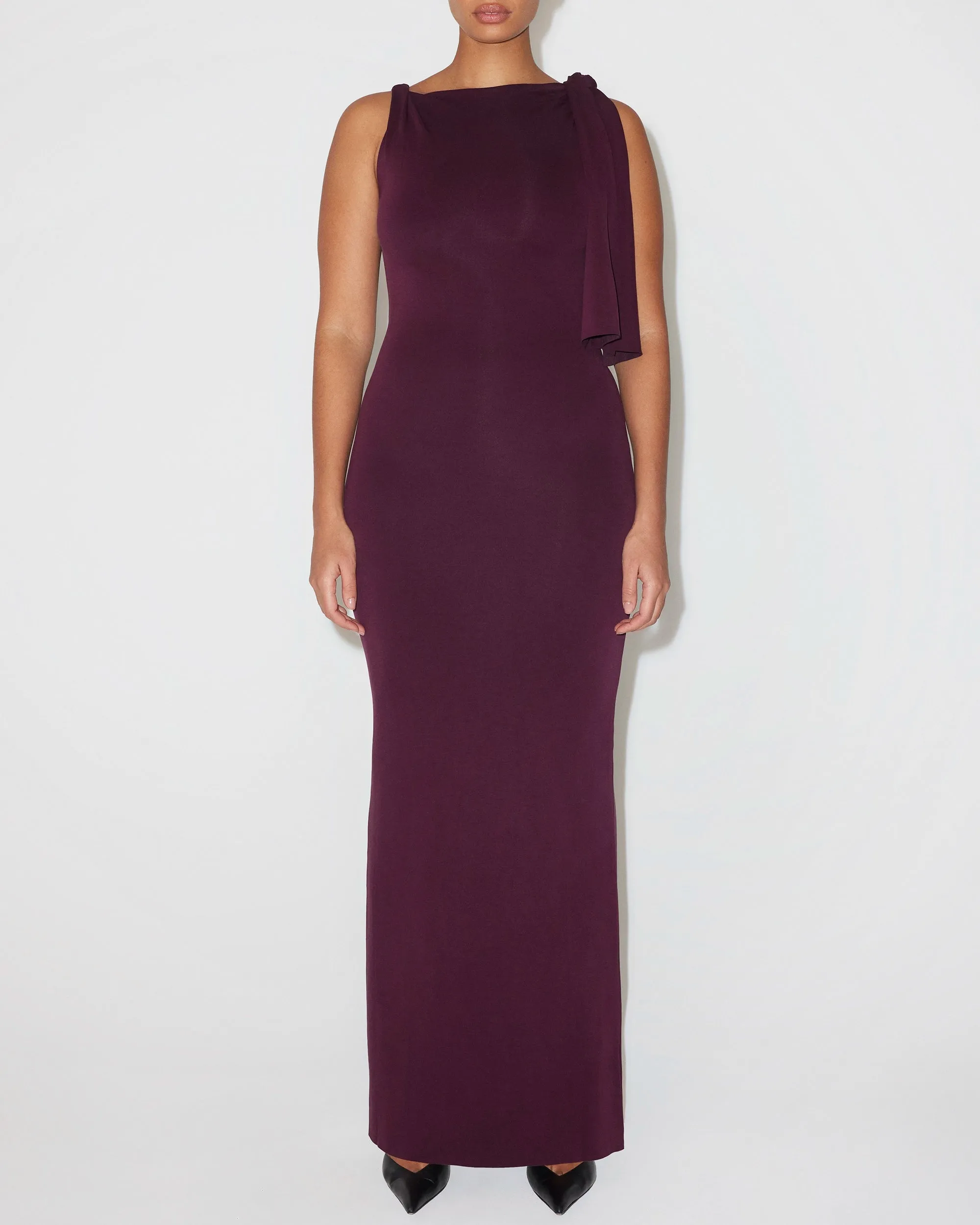 Sueded Stretch Knotted Maxi Dress | Black Cherry sold by KHY