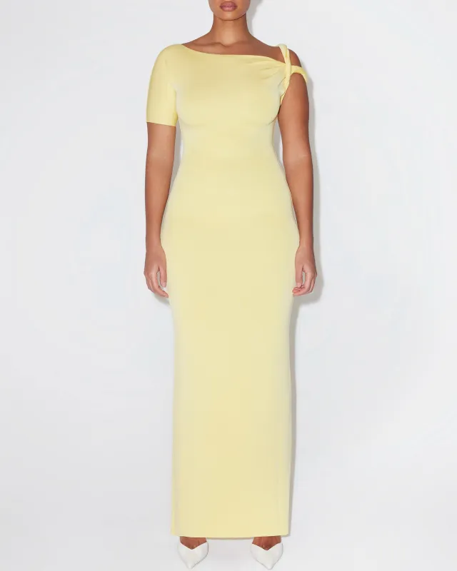 Sueded Stretch Twist Maxi Dress | Butter Yellow sold by KHY