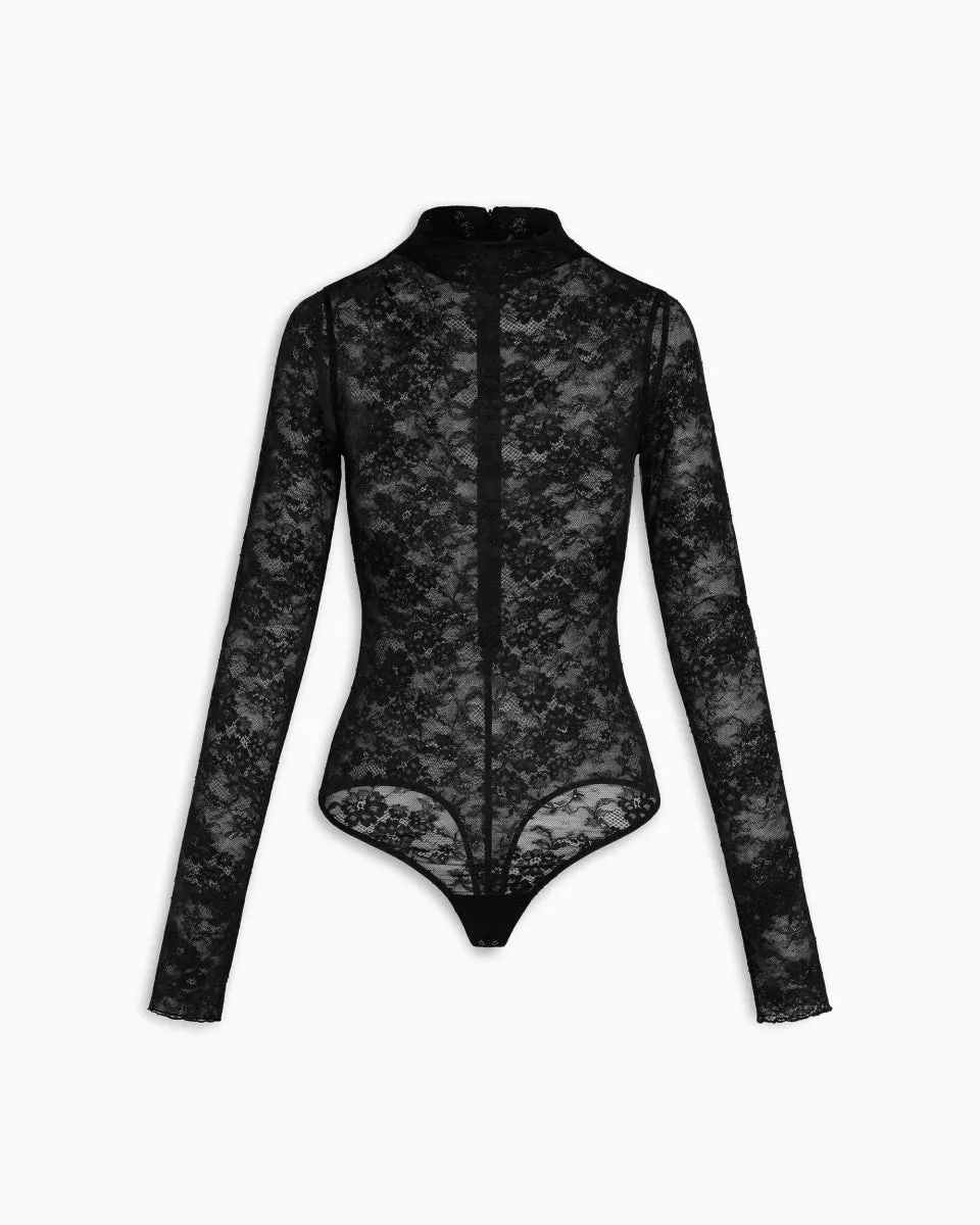 Lace Funnel Neck Bodysuit | Black sold by KHY product image thumbnail 2