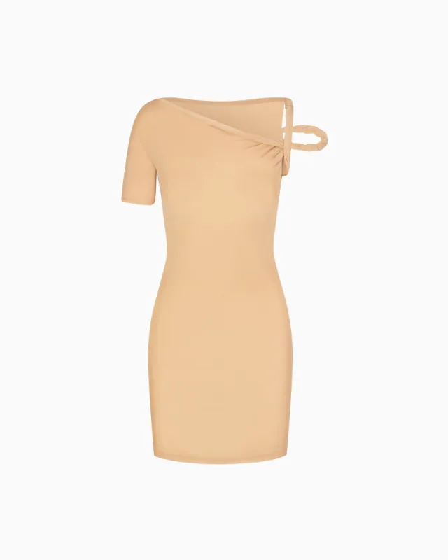 Mesh Stretch Twist Mini Dress | Nude sold by KHY