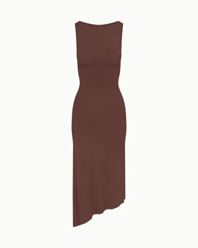 Soft Stretch Asymmetrical Midi Dress | Chocolate sold by KHY