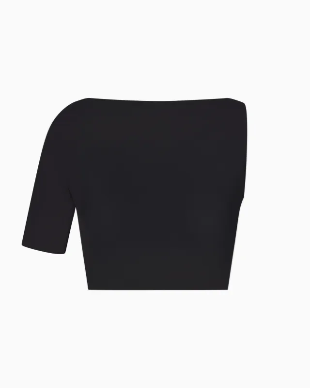 Mesh Stretch Micro One Shoulder Top | Black sold by KHY