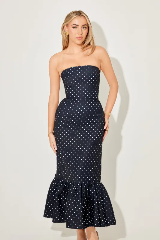 The Ultimate Muse Strapless Peplum Hem Midi Dress sold by Odd Muse