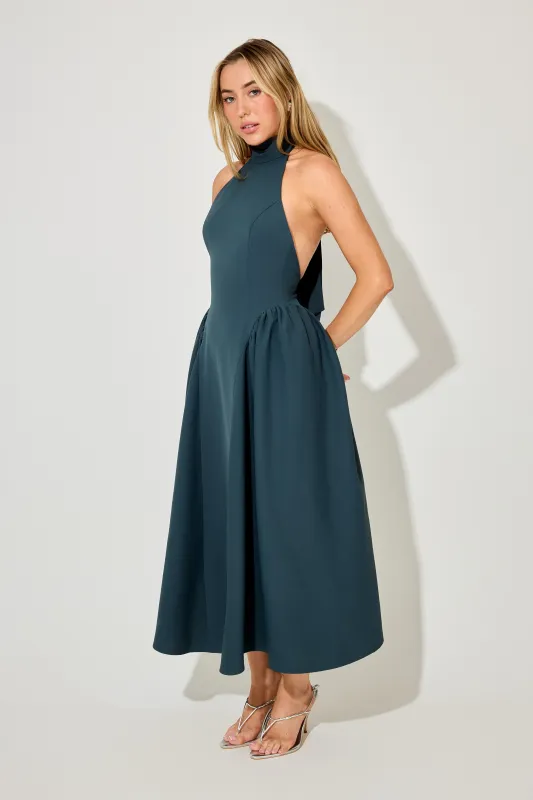 Tie Neck Gathered Detail Midi Dress made by Odd Muse