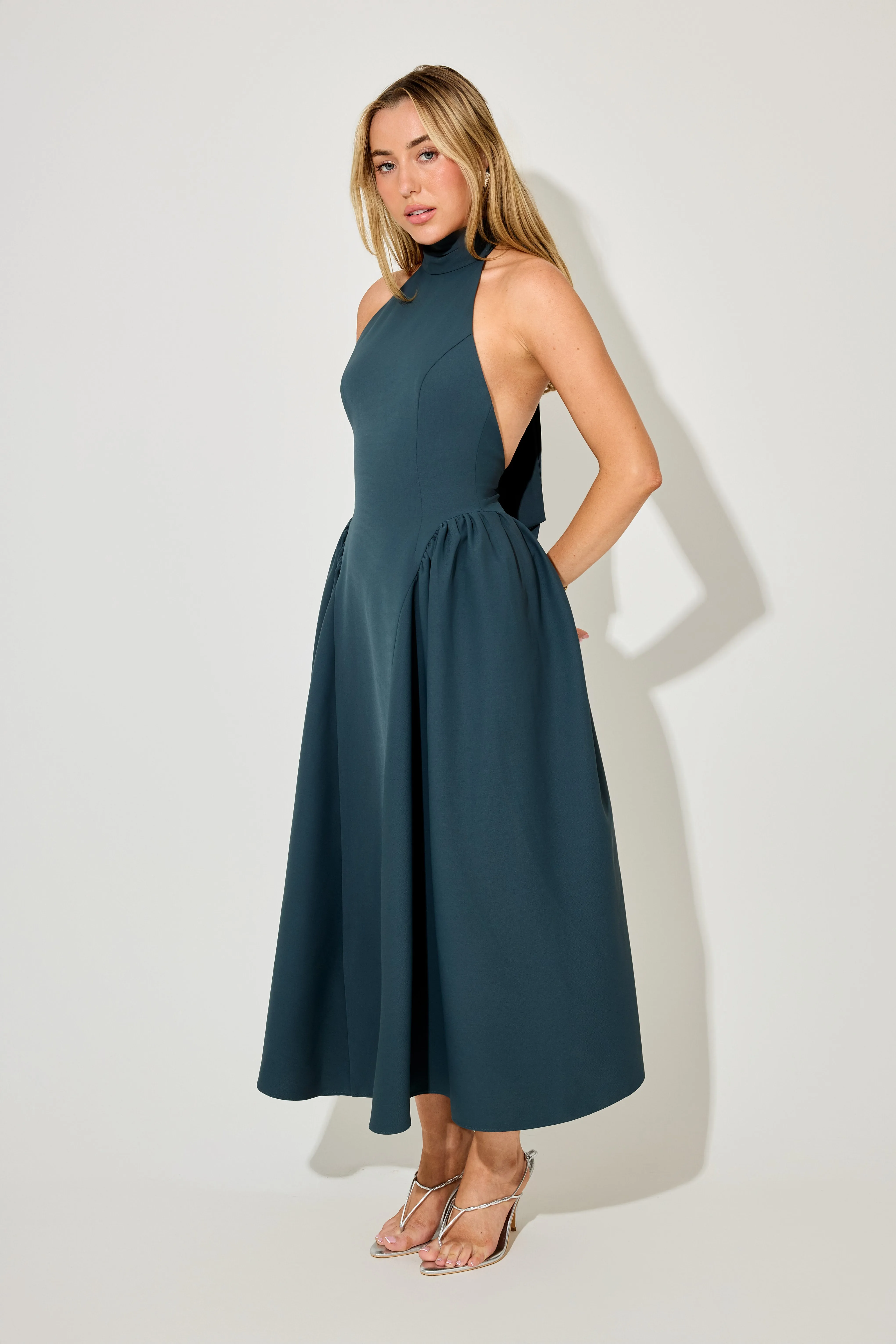 Tie Neck Gathered Detail Midi Dress sold by Odd Muse