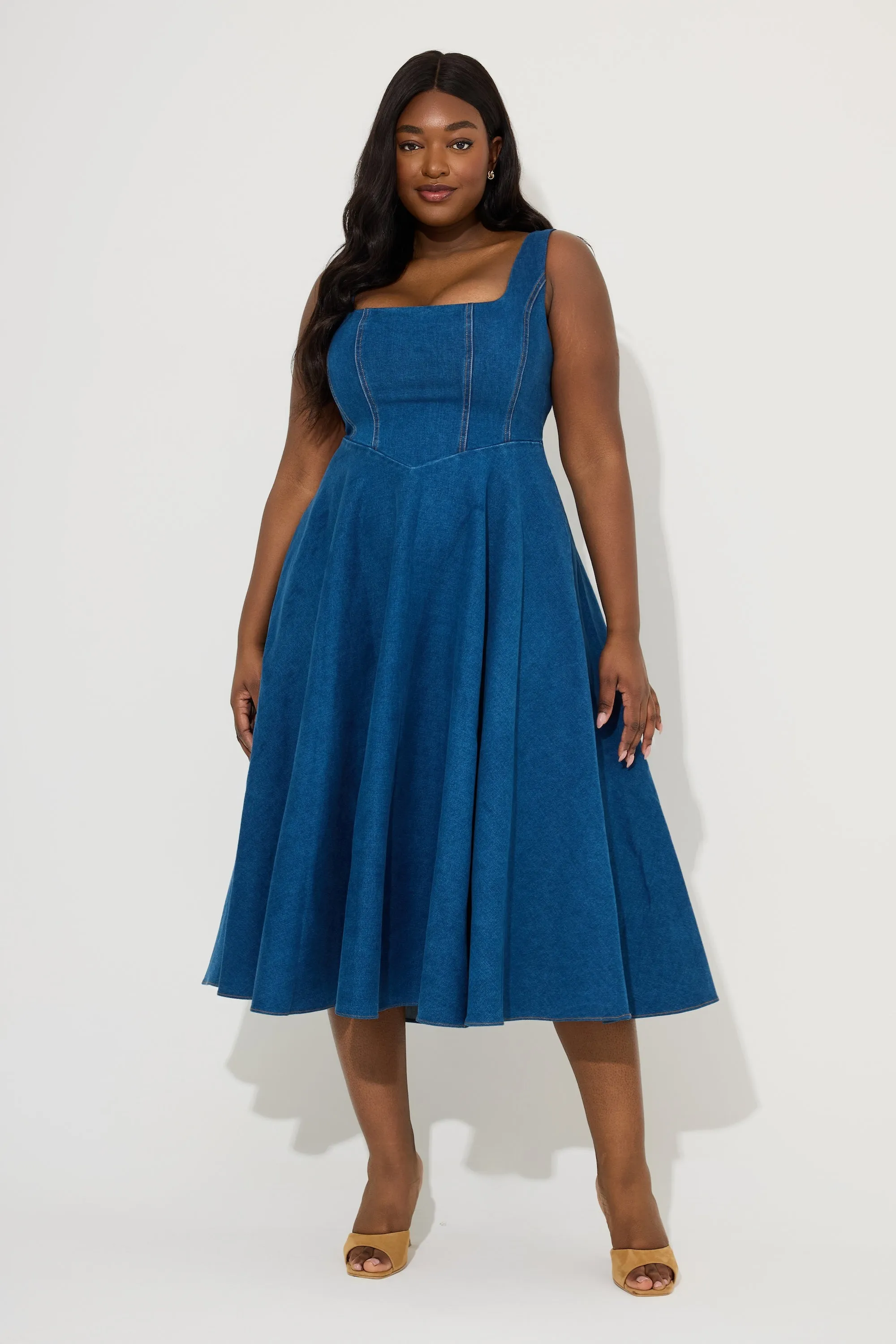 Cotton Mix Denim Square Neck Midi Dress sold by Odd Muse product image thumbnail 5