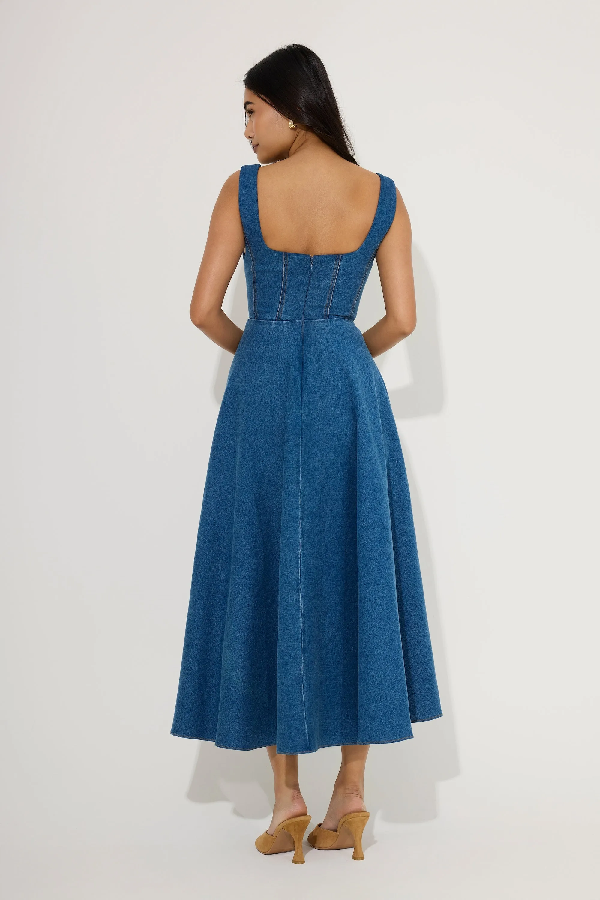Cotton Mix Denim Square Neck Midi Dress sold by Odd Muse product image thumbnail 4