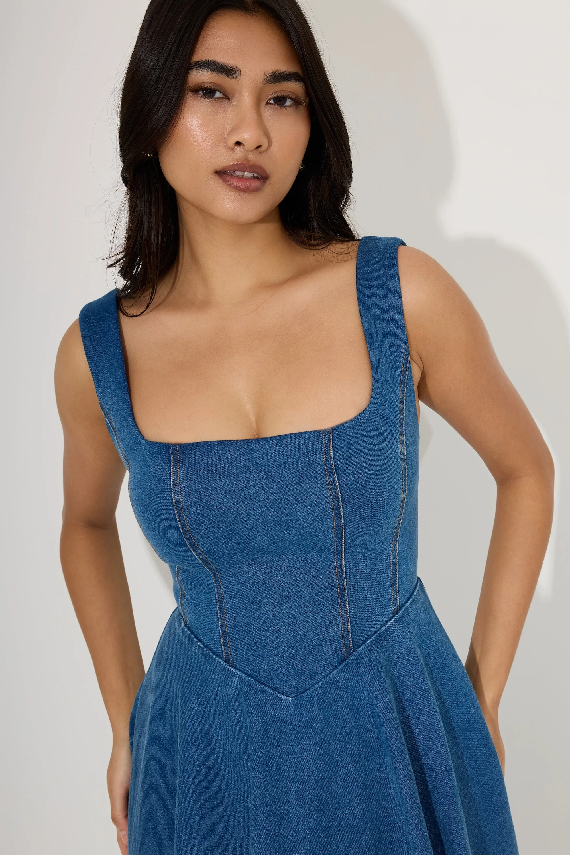 Cotton Mix Denim Square Neck Midi Dress sold by Odd Muse product image thumbnail 2