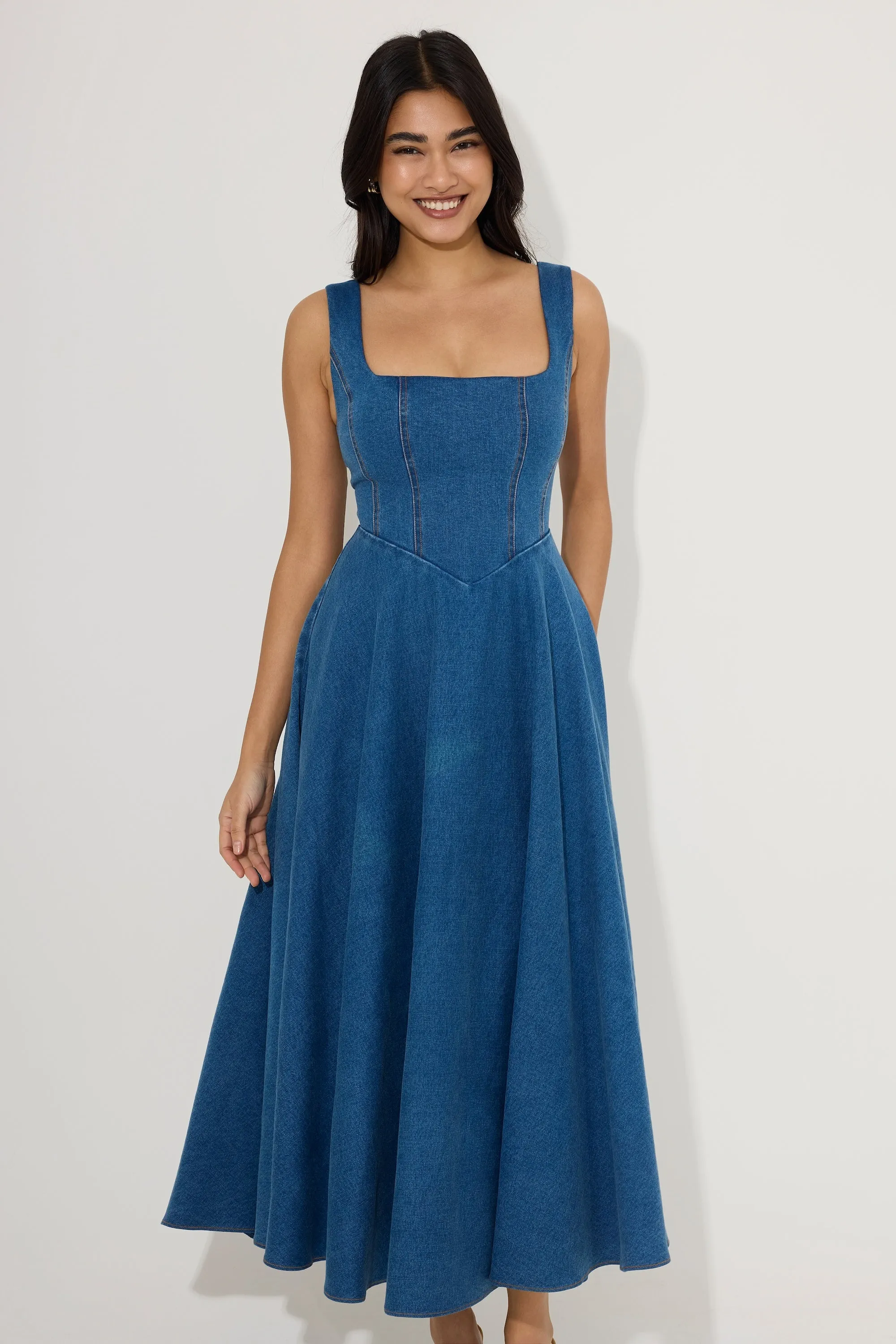 Cotton Mix Denim Square Neck Midi Dress sold by Odd Muse product image thumbnail 3