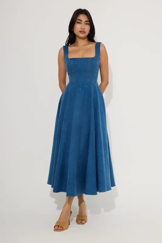 Cotton Mix Denim Square Neck Midi Dress made by Odd Muse