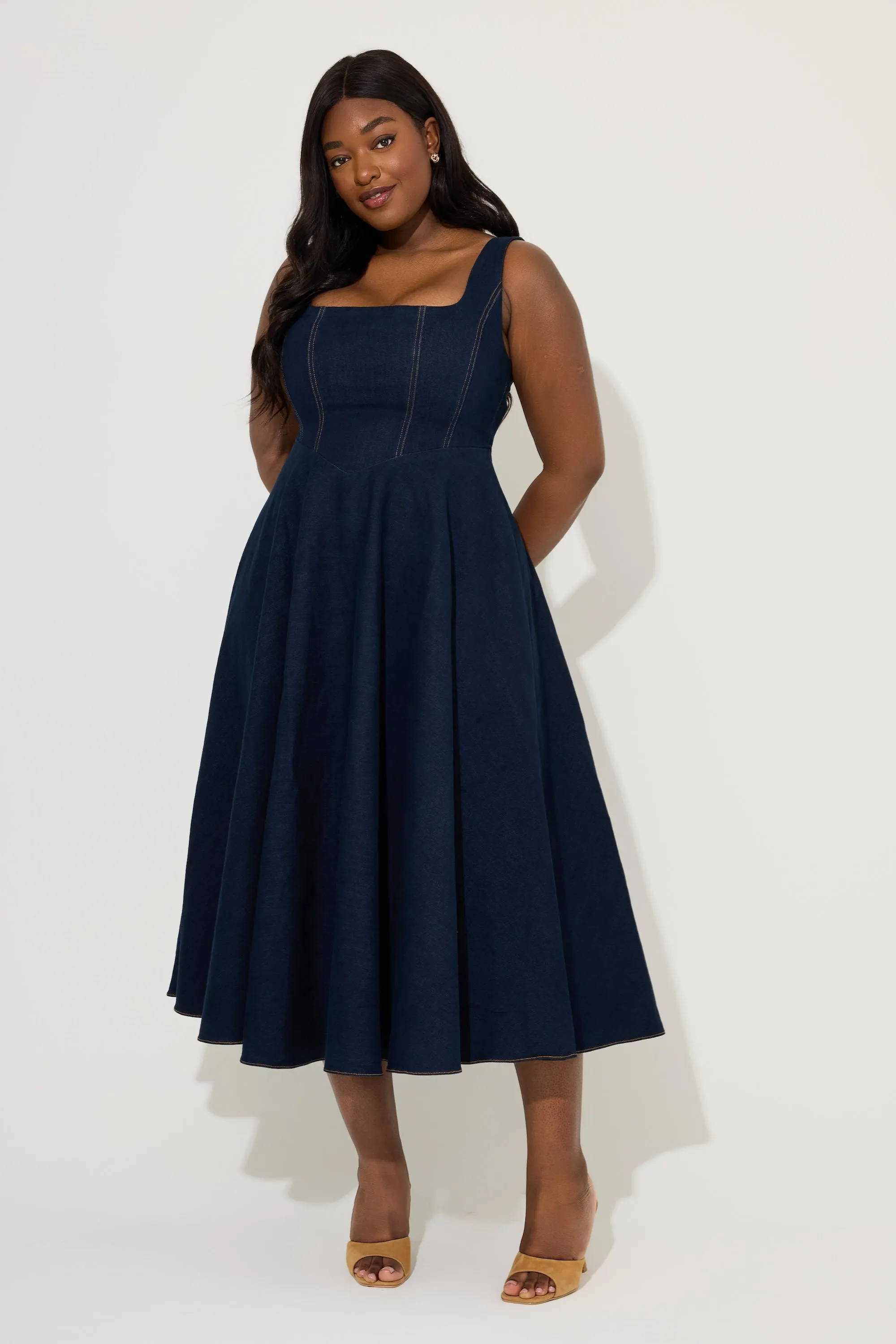 Cotton Mix Denim Square Neck Midi Dress sold by Odd Muse product image thumbnail 5