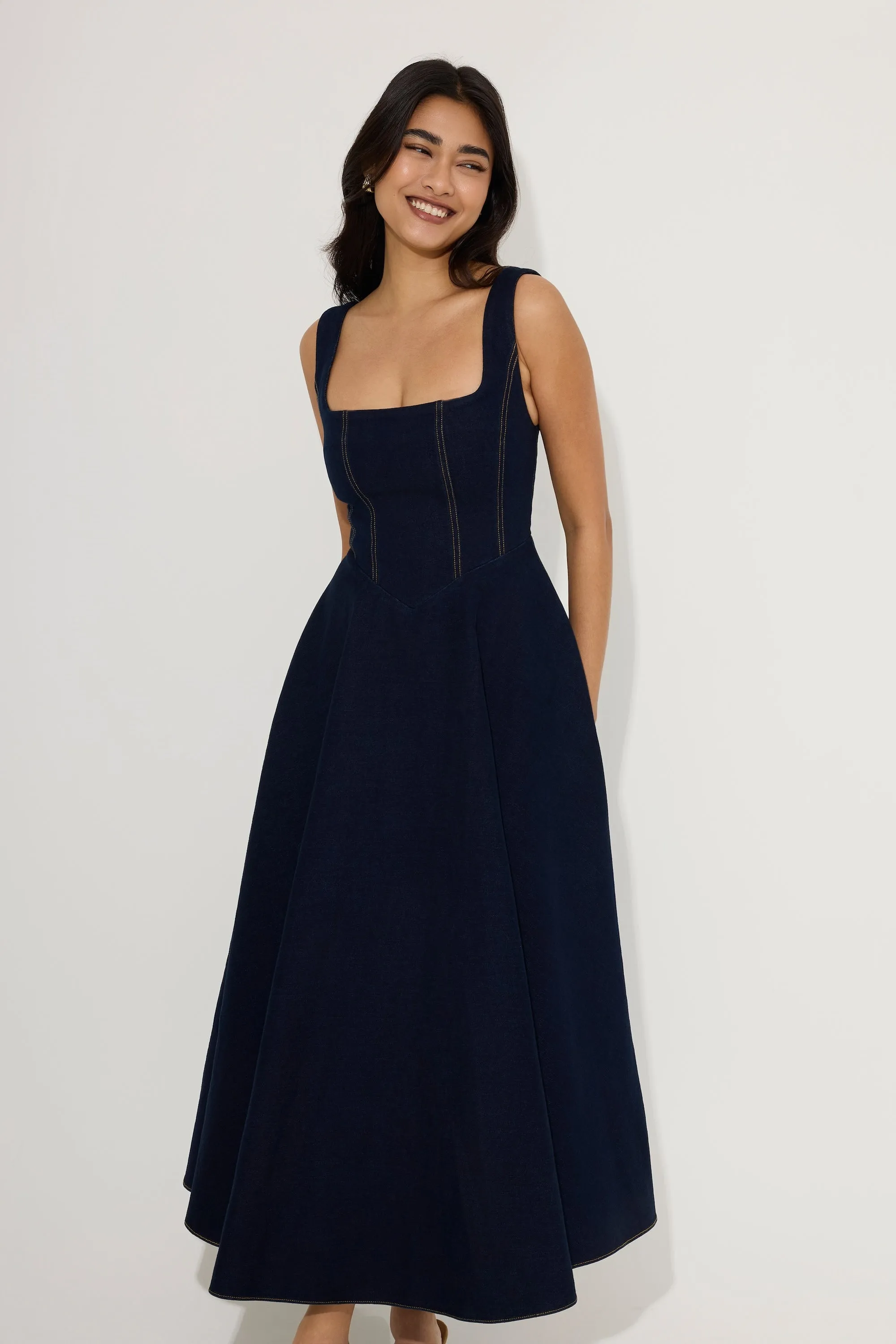 Cotton Mix Denim Square Neck Midi Dress sold by Odd Muse product image thumbnail 3