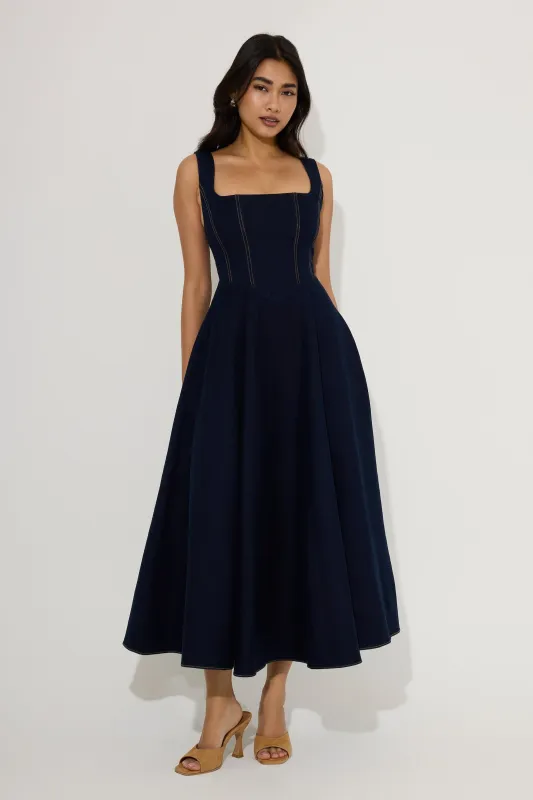 Cotton Mix Denim Square Neck Midi Dress made by Odd Muse
