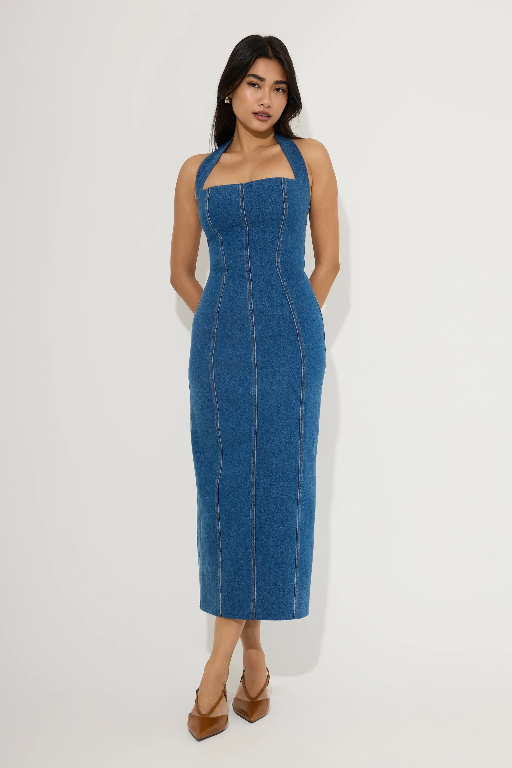 Cotton Mix Denim Halter Midi Dress sold by Odd Muse