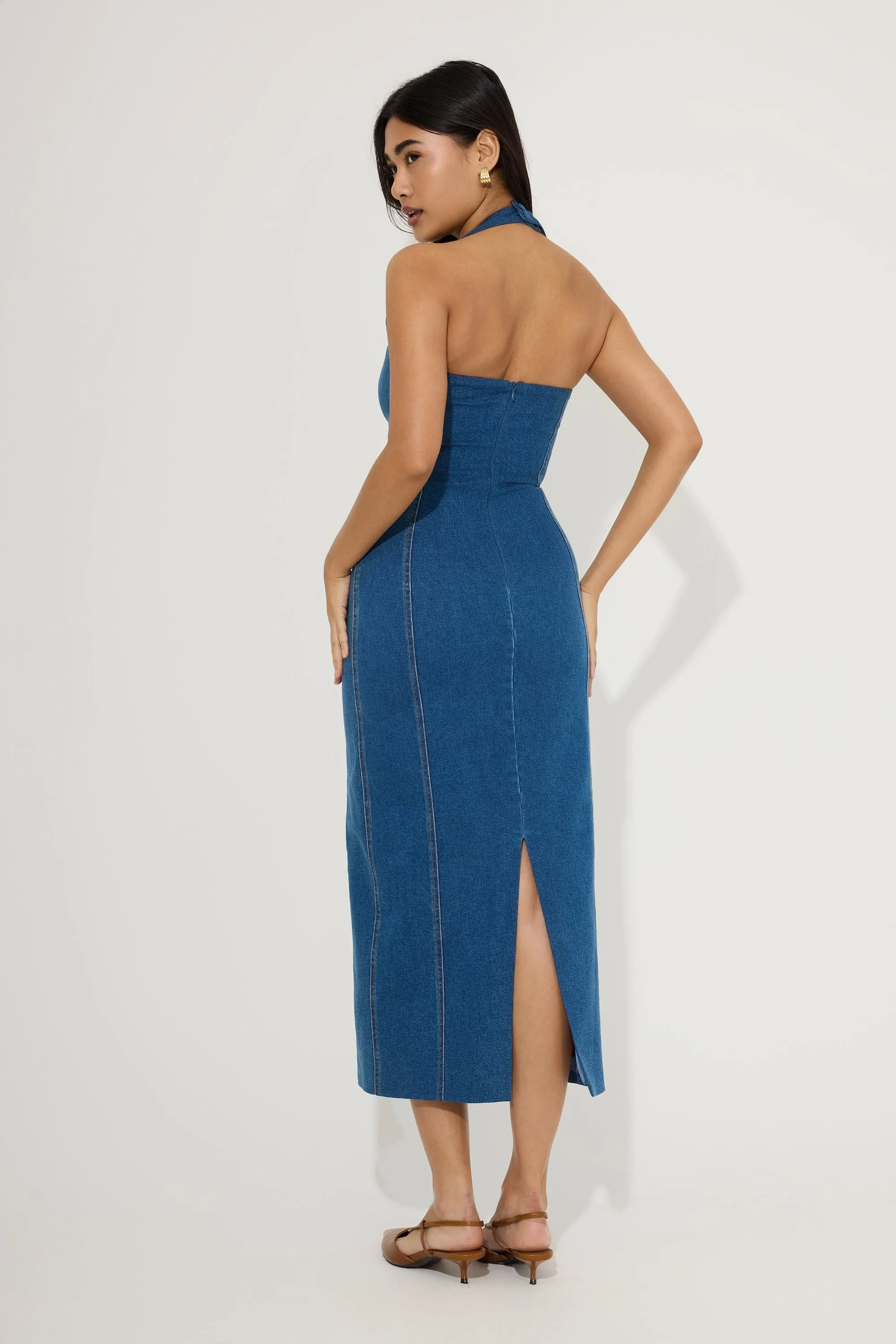 Cotton Mix Denim Halter Midi Dress sold by Odd Muse product image thumbnail 4