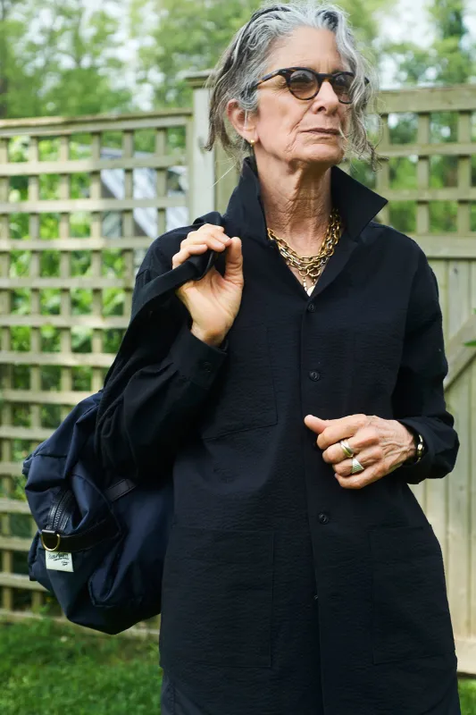 Longsleeve Noguchi Shirt in Black Cotton Seersucker sold by Blluemade