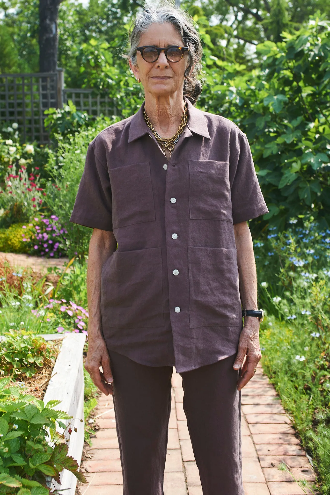 Noguchi Shirt in Aubergine Linen sold by Blluemade