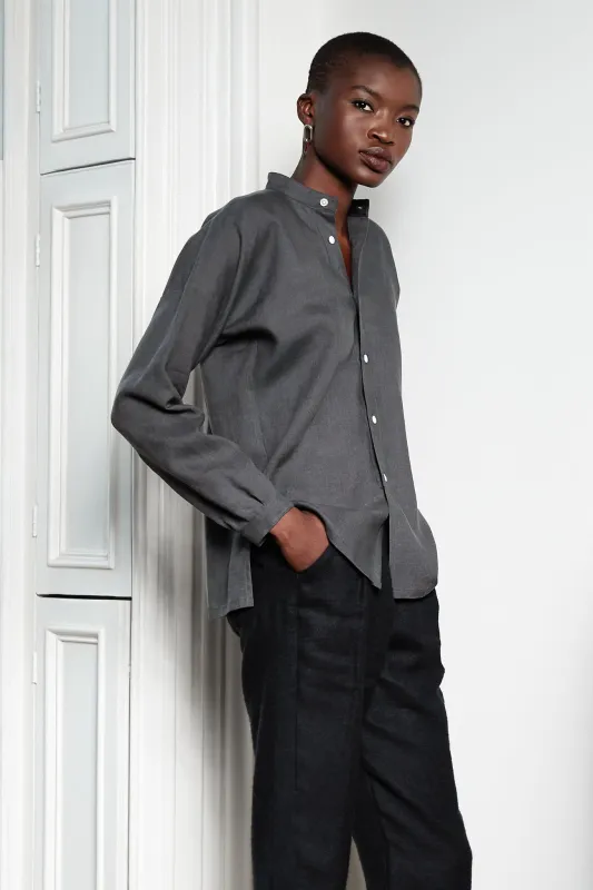 Drop-Sleeve Monk Shirt in Silver Grey Silk-Linen made by Blluemade