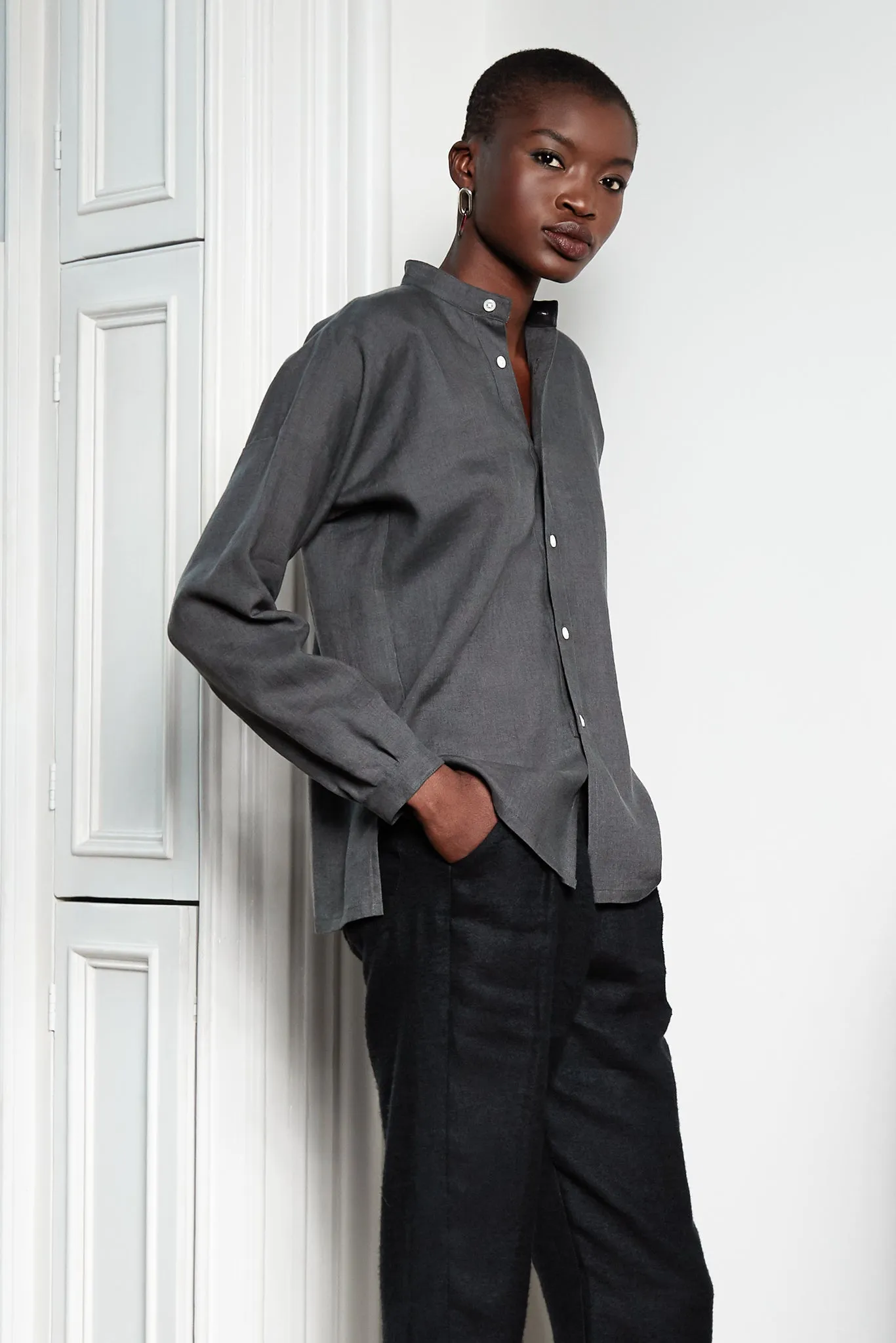 Drop-Sleeve Monk Shirt in Silver Grey Silk-Linen sold by Blluemade