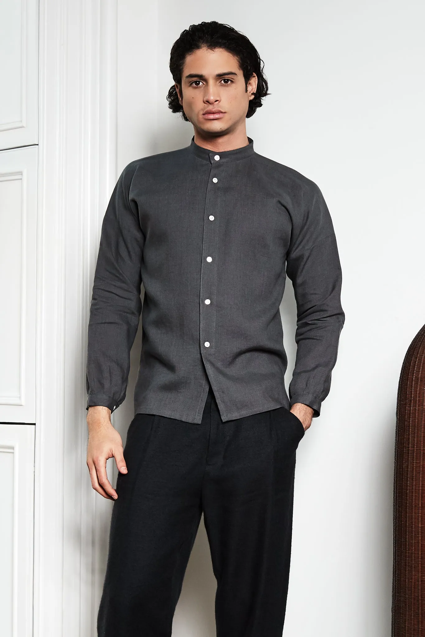 Drop-Sleeve Monk Shirt in Silver Grey Silk-Linen sold by Blluemade product image thumbnail 2