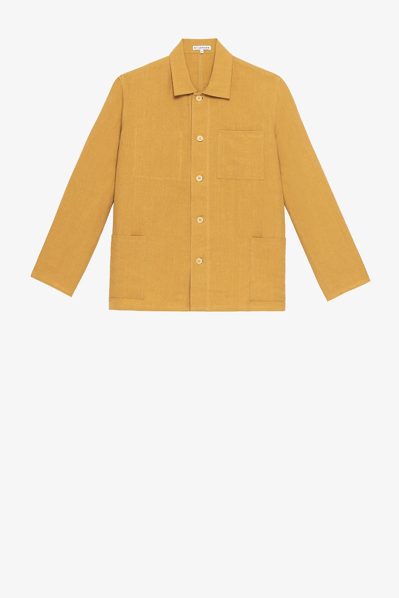 Chore coat in antelope khaki linen sold by Blluemade