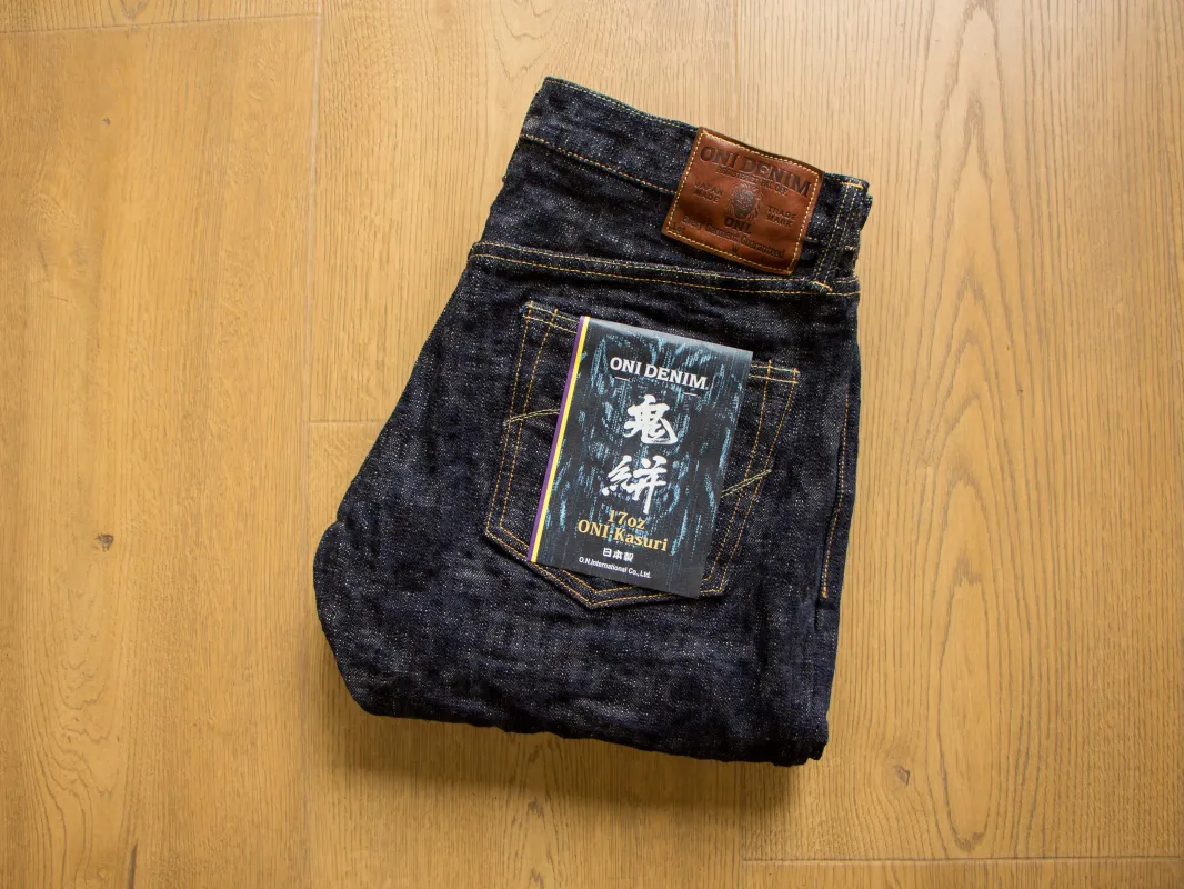 【ONI DENIM】246-Kasuri 17oz Kasuri Denim 鬼絣丹寧修身直筒牛仔褲 sold by Blue Beach Denim