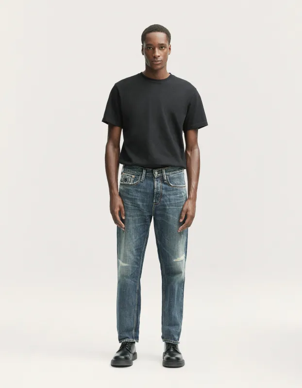 【DENHAM】Dart Cinch 立體剪裁作舊補丁巴黎扣寬鬆錐形布邊牛仔褲 sold by Blue Beach Denim