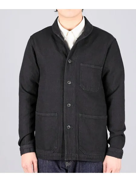【MOMOTARO】03042 Black Dobby Coverall Jacket 圓領黑染刺仔工裝夾克 sold by Blue Beach Denim