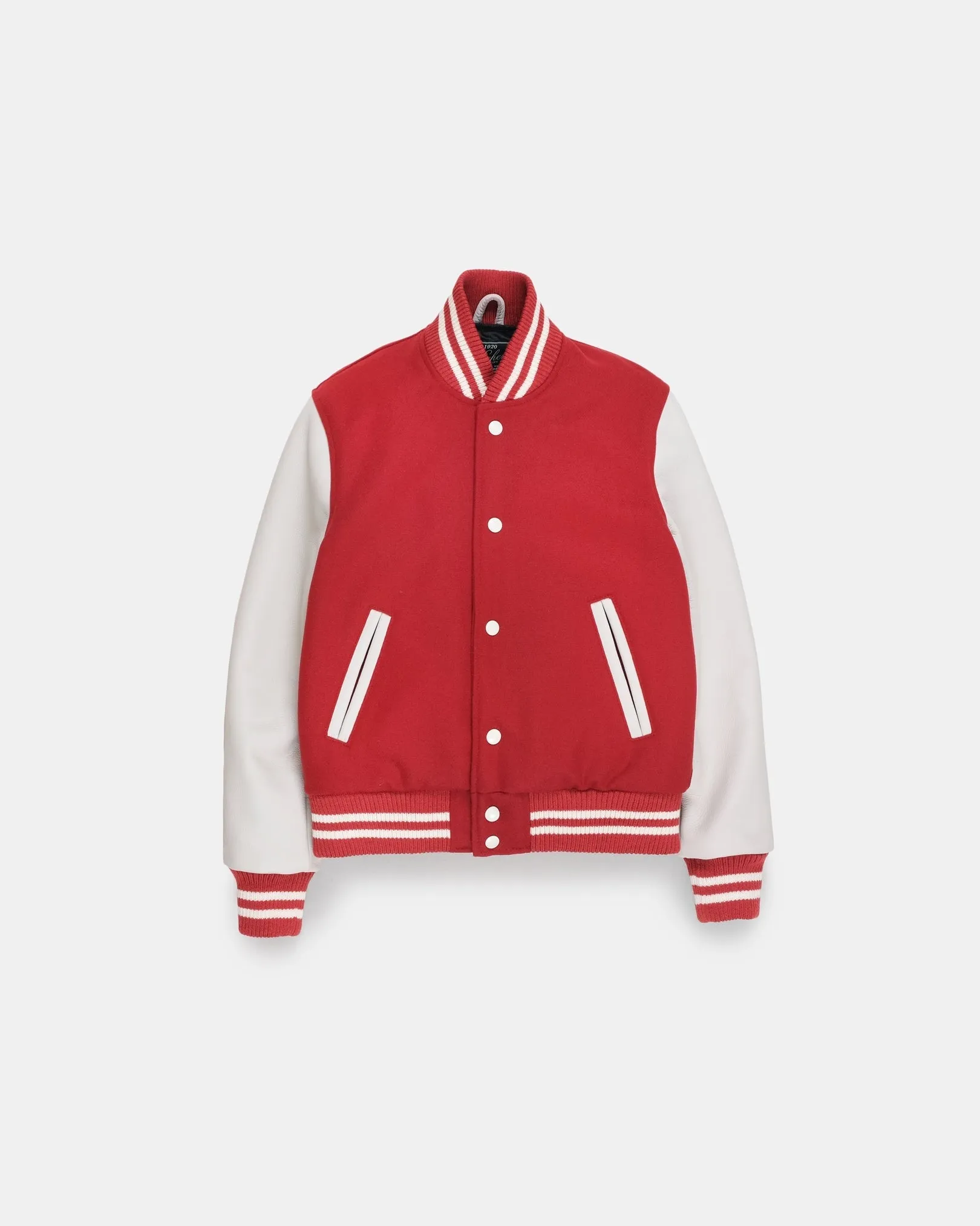 【Dehen 1920】Varsity Jacket - Forster, Red Melton, Milk 校隊外套紅色拼接牛奶色皮袖 sold by Blue Beach Denim