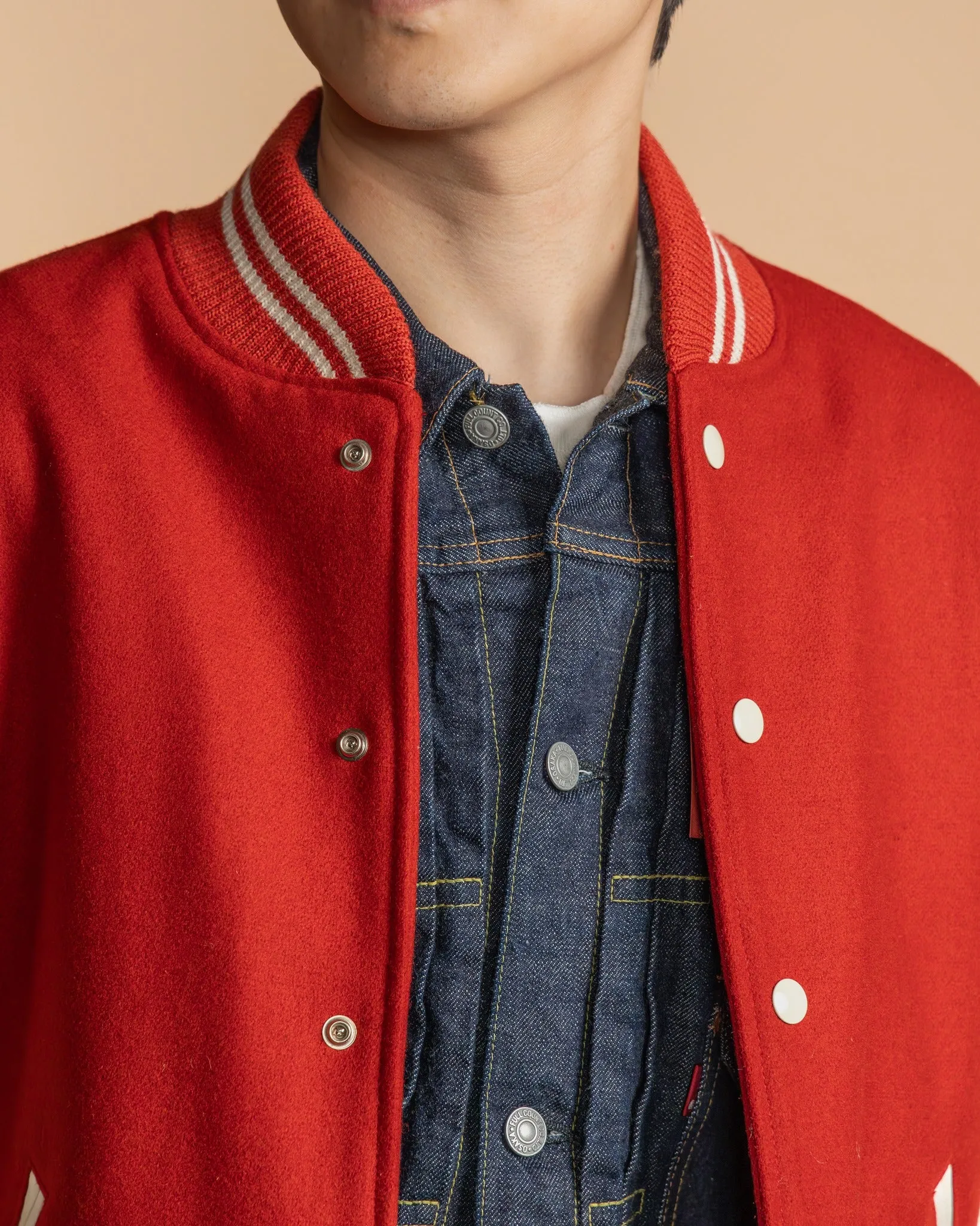 【Dehen 1920】Varsity Jacket - Forster, Red Melton, Milk 校隊外套紅色拼接牛奶色皮袖 sold by Blue Beach Denim product image thumbnail 4