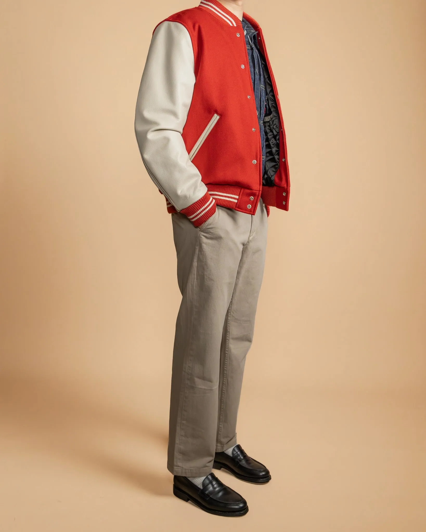 【Dehen 1920】Varsity Jacket - Forster, Red Melton, Milk 校隊外套紅色拼接牛奶色皮袖 sold by Blue Beach Denim product image thumbnail 3