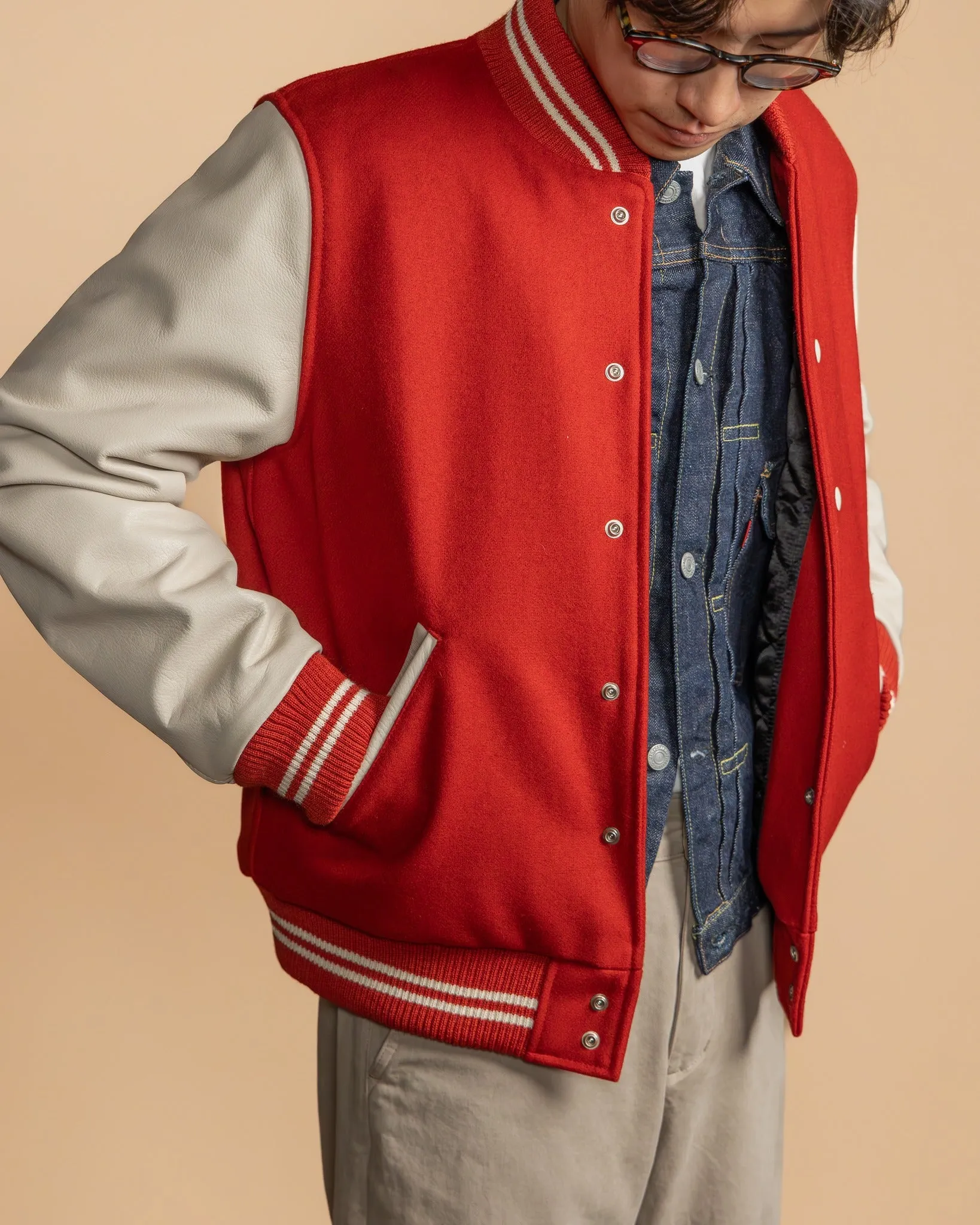 【Dehen 1920】Varsity Jacket - Forster, Red Melton, Milk 校隊外套紅色拼接牛奶色皮袖 sold by Blue Beach Denim product image thumbnail 2