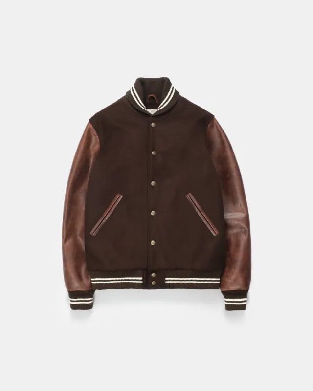 【Dehen 1920】Varsity Jacket Brown Melton / Antique Brandy 校園運動夾克咖啡拼接白蘭地色皮袖 sold by Blue Beach Denim