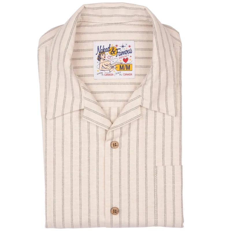【Naked & Famous】Aloha Shirt Striped Oxford Ecru 原棉色牛津布直條紋短袖襯衫 sold by Blue Beach Denim
