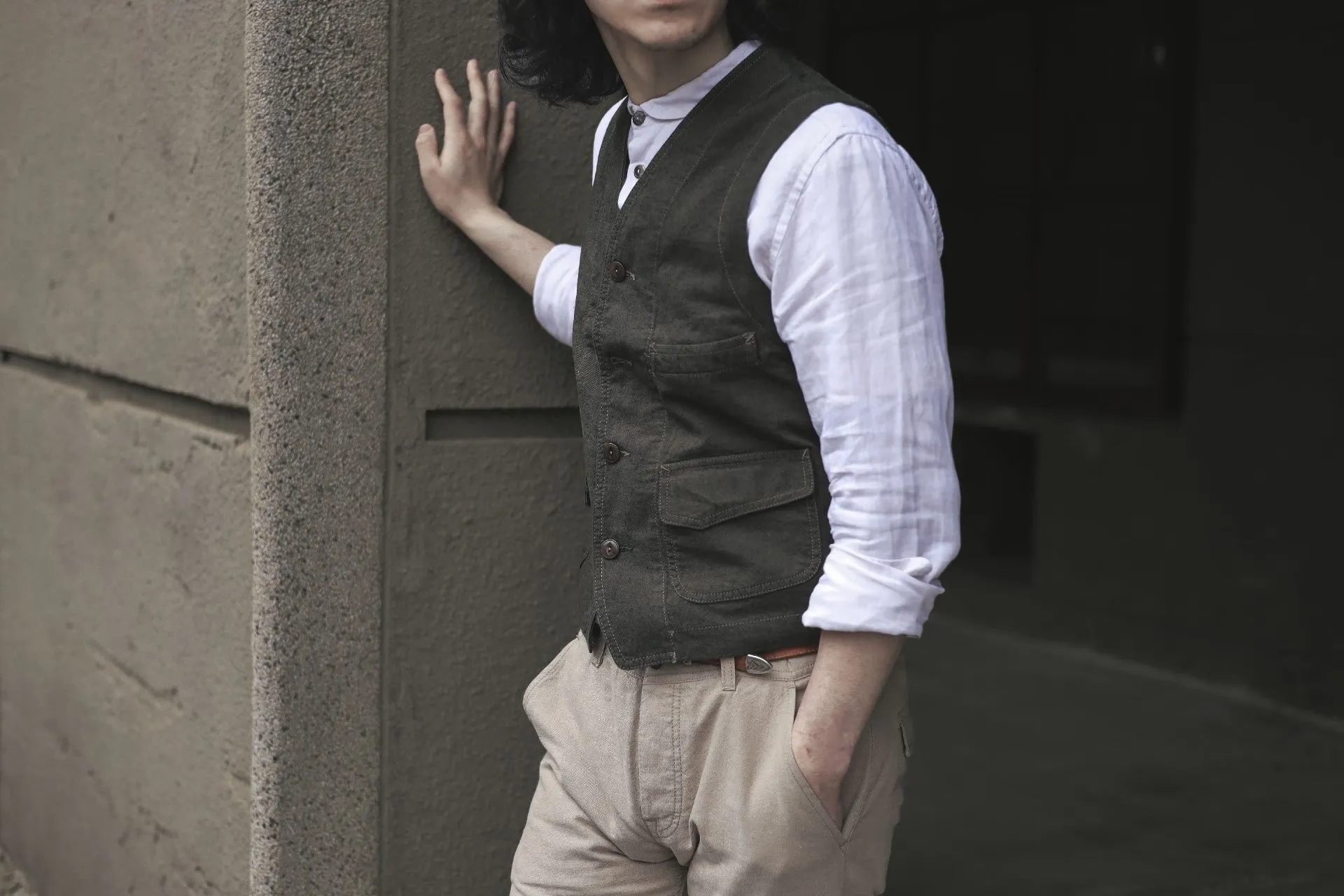 【Scarti-Lab】Cotton Linen Blend Work Vest Dark Green 403 SM407 棉麻混紡 義式工裝背心 深綠 sold by Blue Beach Denim