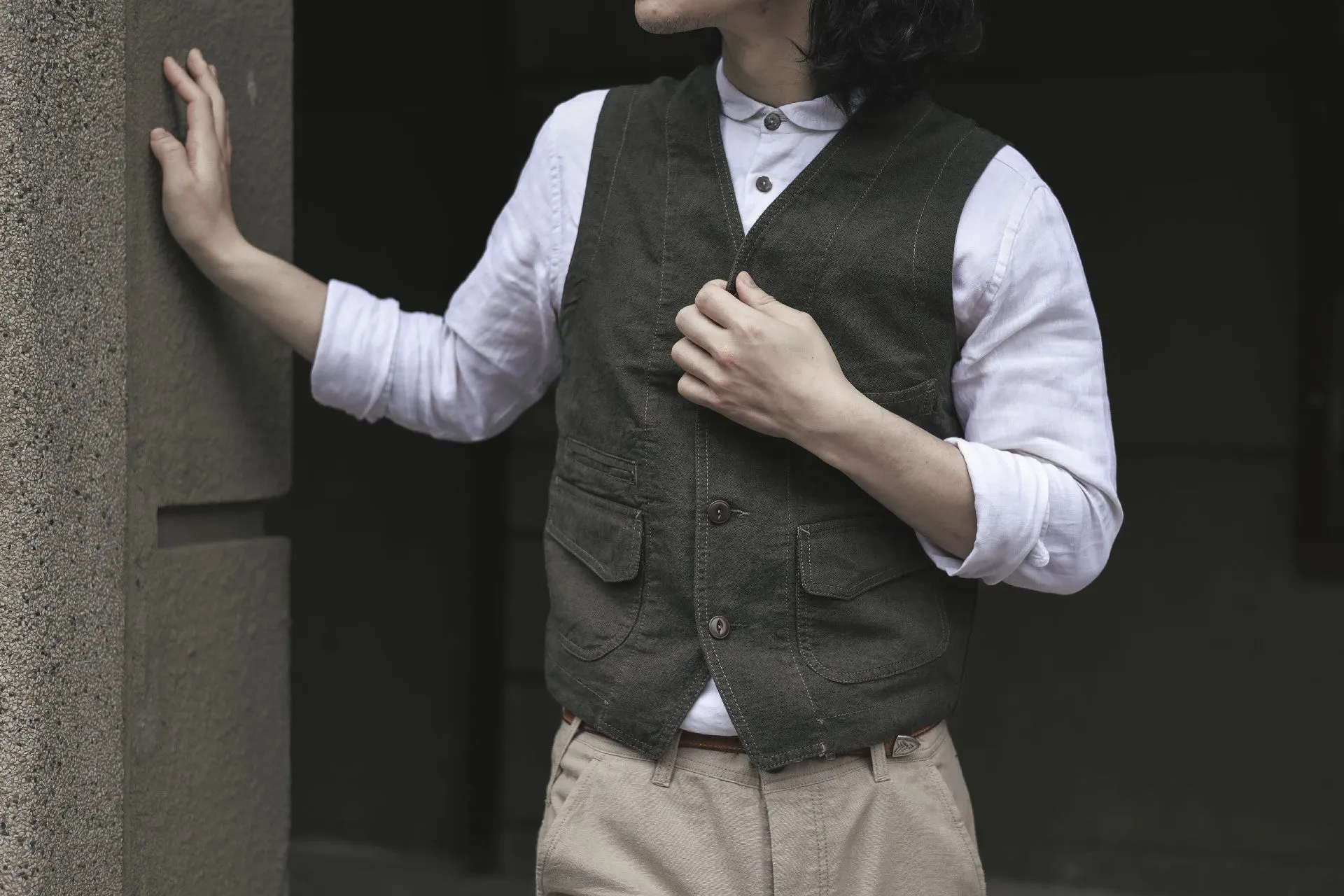 【Scarti-Lab】Cotton Linen Blend Work Vest Dark Green 403 SM407 棉麻混紡 義式工裝背心 深綠 sold by Blue Beach Denim product image thumbnail 3