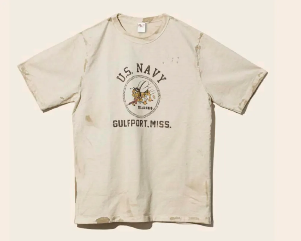 【Flea-T】US Navy Hand Distressed Vintage Tshirt White 手工舊化美國海軍復古圖Tee sold by Blue Beach Denim