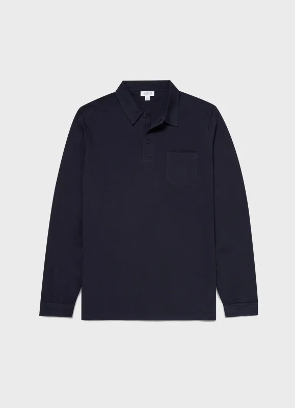 【Sunspel】Supima Long Sleeve Riviera Polo Shirt Navy 海軍藍頂級匹馬棉長袖里維拉Polo衫 sold by Blue Beach Denim