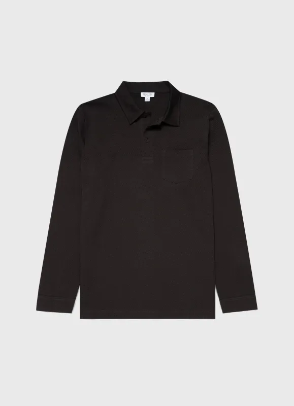 【Sunspel】Supima Long Sleeve Riviera Polo Shirt Coffee 深咖啡頂級匹馬棉長袖里維拉Polo衫 sold by Blue Beach Denim