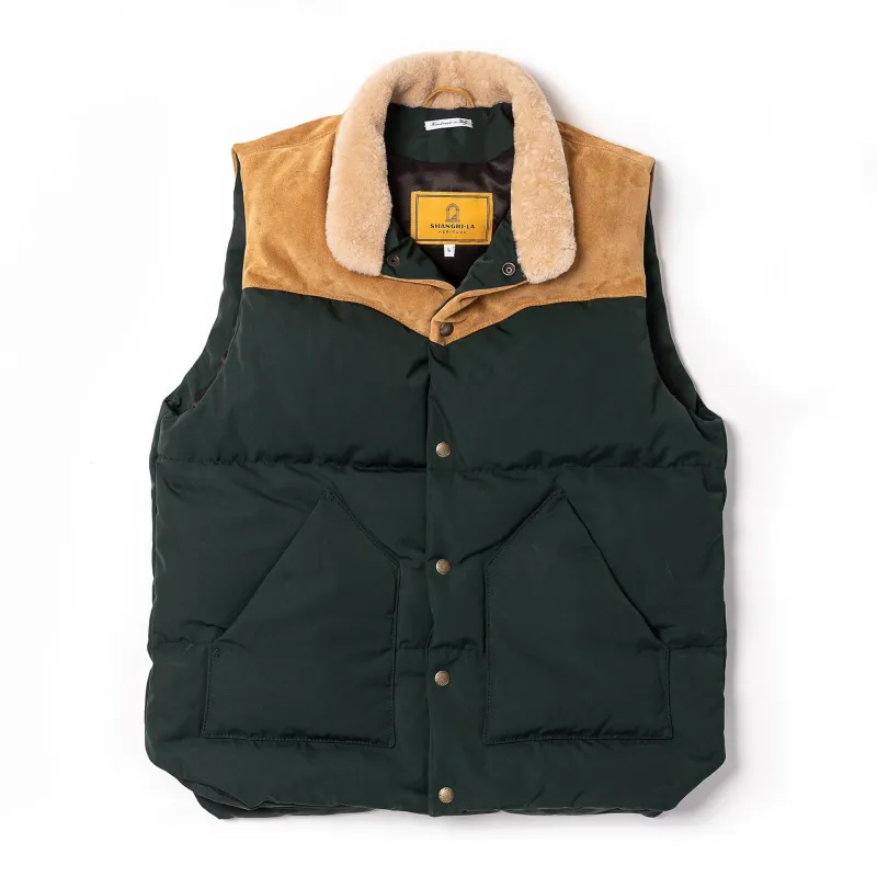 【Shangri-La Heritage】“Bivacco” Forest Green Western Down Vest 森林綠拚皮鵝絨背心 sold by Blue Beach Denim