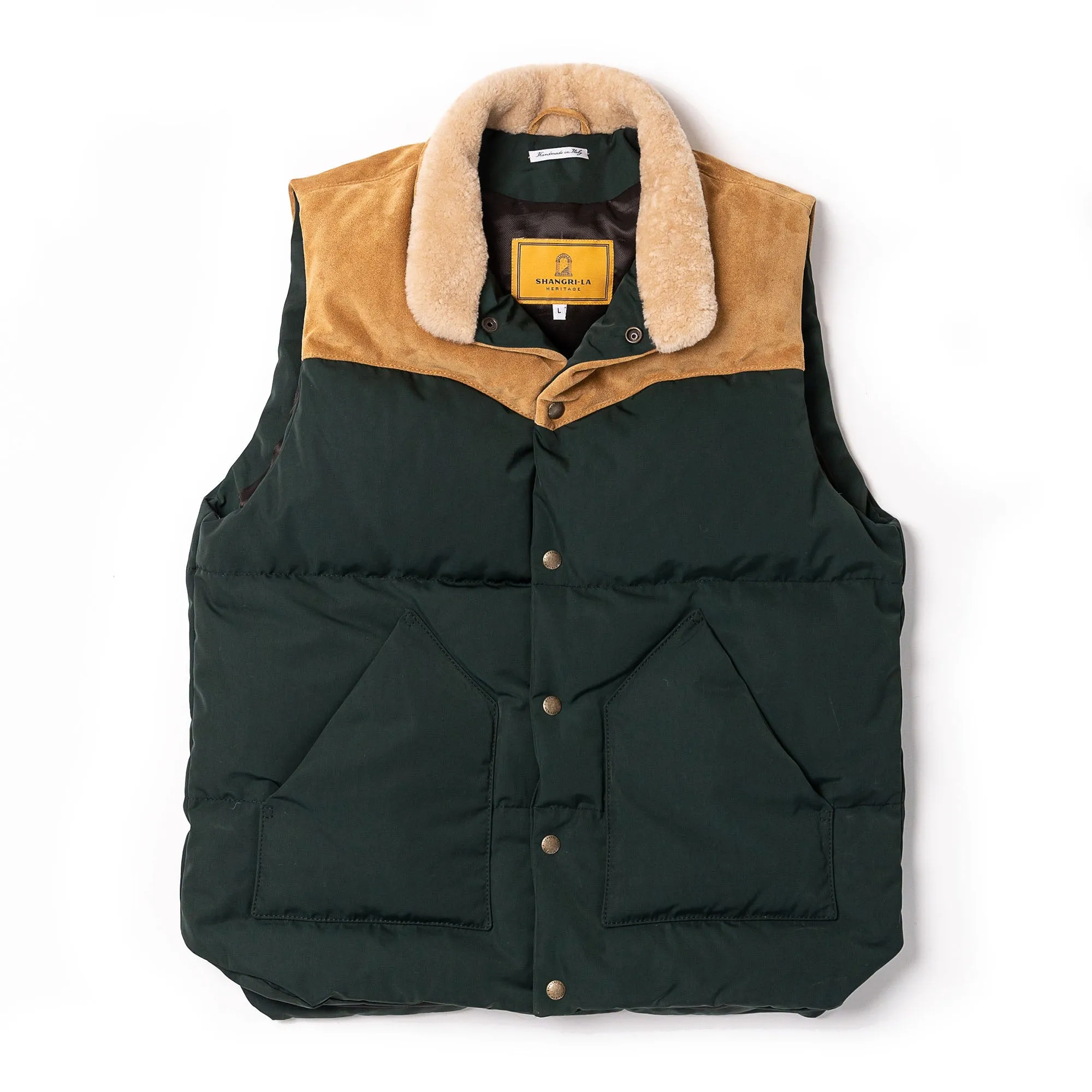 【Shangri-La Heritage】“Bivacco” Forest Green Western Down Vest 森林綠拚皮鵝絨背心 sold by Blue Beach Denim