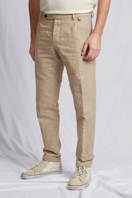 【ABCL Garments】PAUL hemp cotton beige 3217 棉麻細緻條紋休閒西裝長褲 sold by Blue Beach Denim
