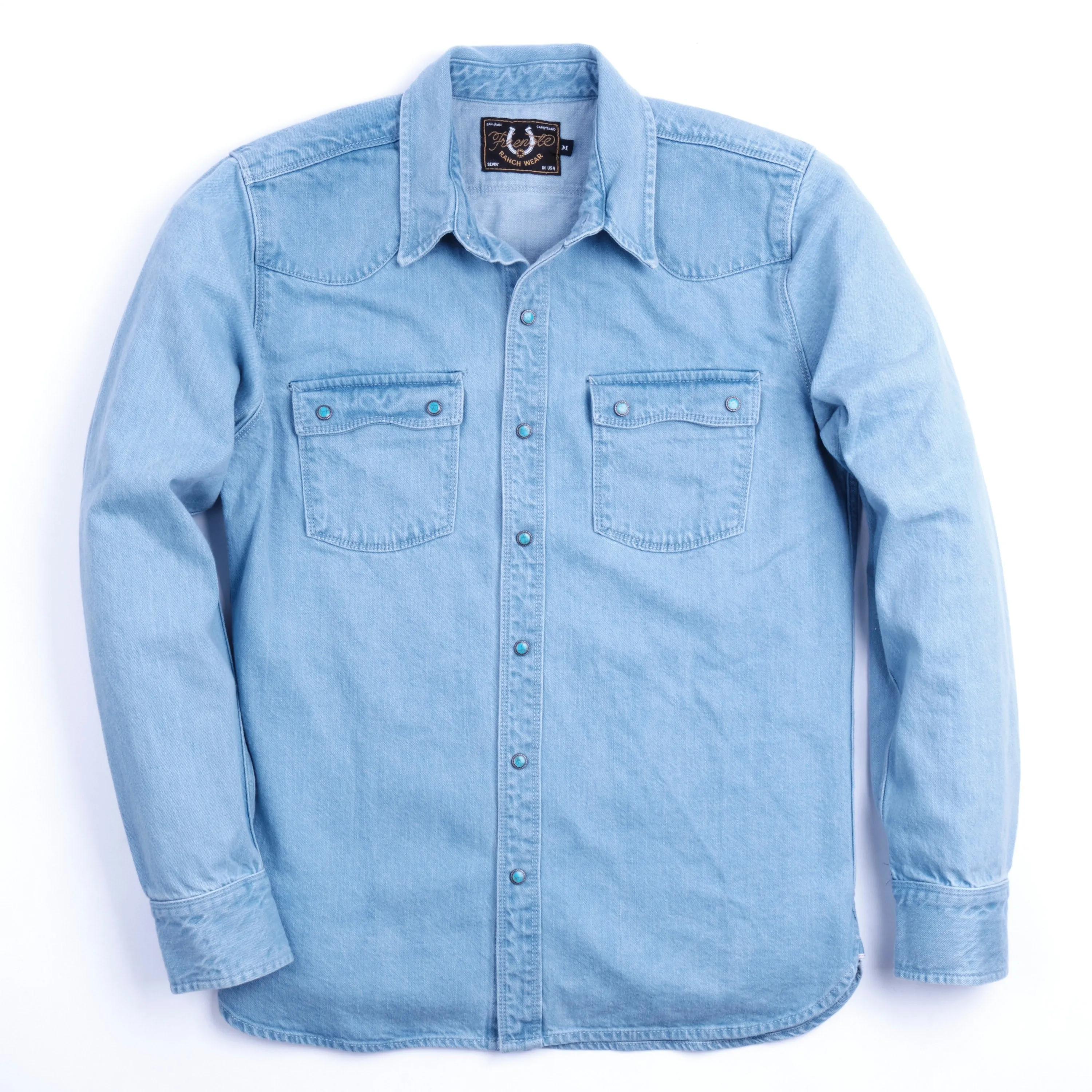 【Freenote】 Modern Western 11 Ounce Bleached Denim Shirt 綠松石淺藍色布邊丹寧襯衫 sold by Blue Beach Denim