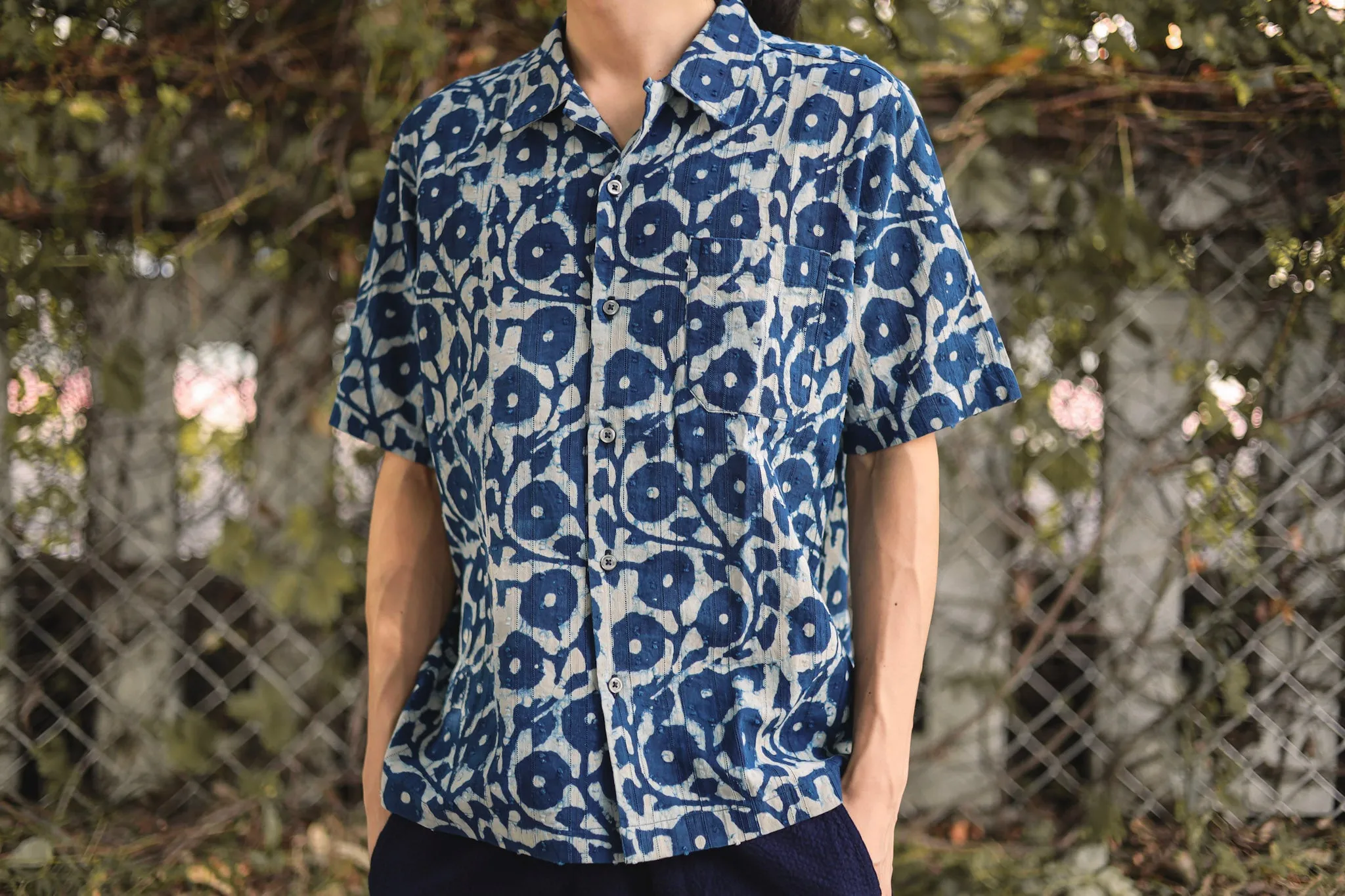 【Universal Works】Road Shirt In Indigo Hand Print Cotton / 印度手印藍染 立體緹花布 50年代開領短袖襯衫 sold by Blue Beach Denim product image thumbnail 5