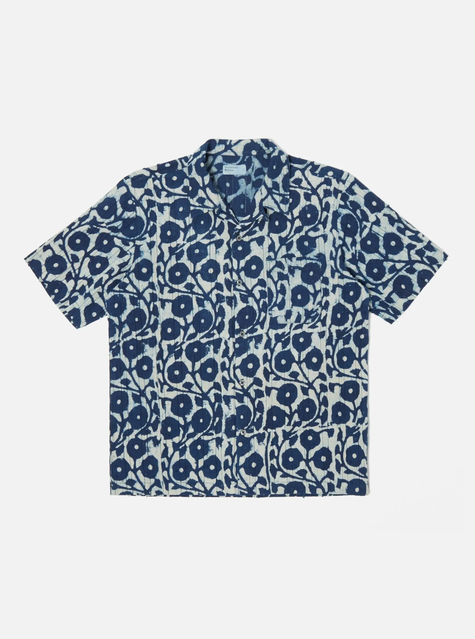 【Universal Works】Road Shirt In Indigo Hand Print Cotton / 印度手印藍染 立體緹花布 50年代開領短袖襯衫 sold by Blue Beach Denim