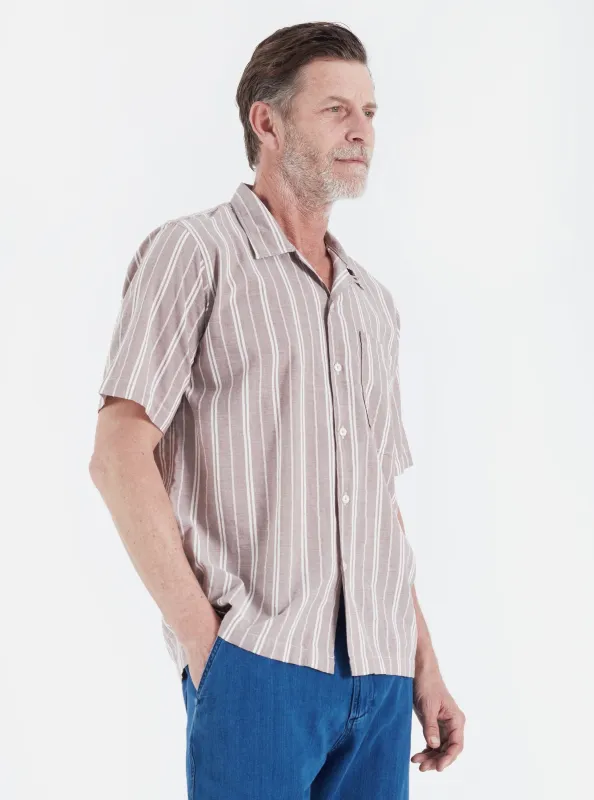 【Universal Works】Camp Shirt In Brown Nisi Cotton / 義大利輕磅復古立體條紋布 50年代開領短袖襯衫 sold by Blue Beach Denim