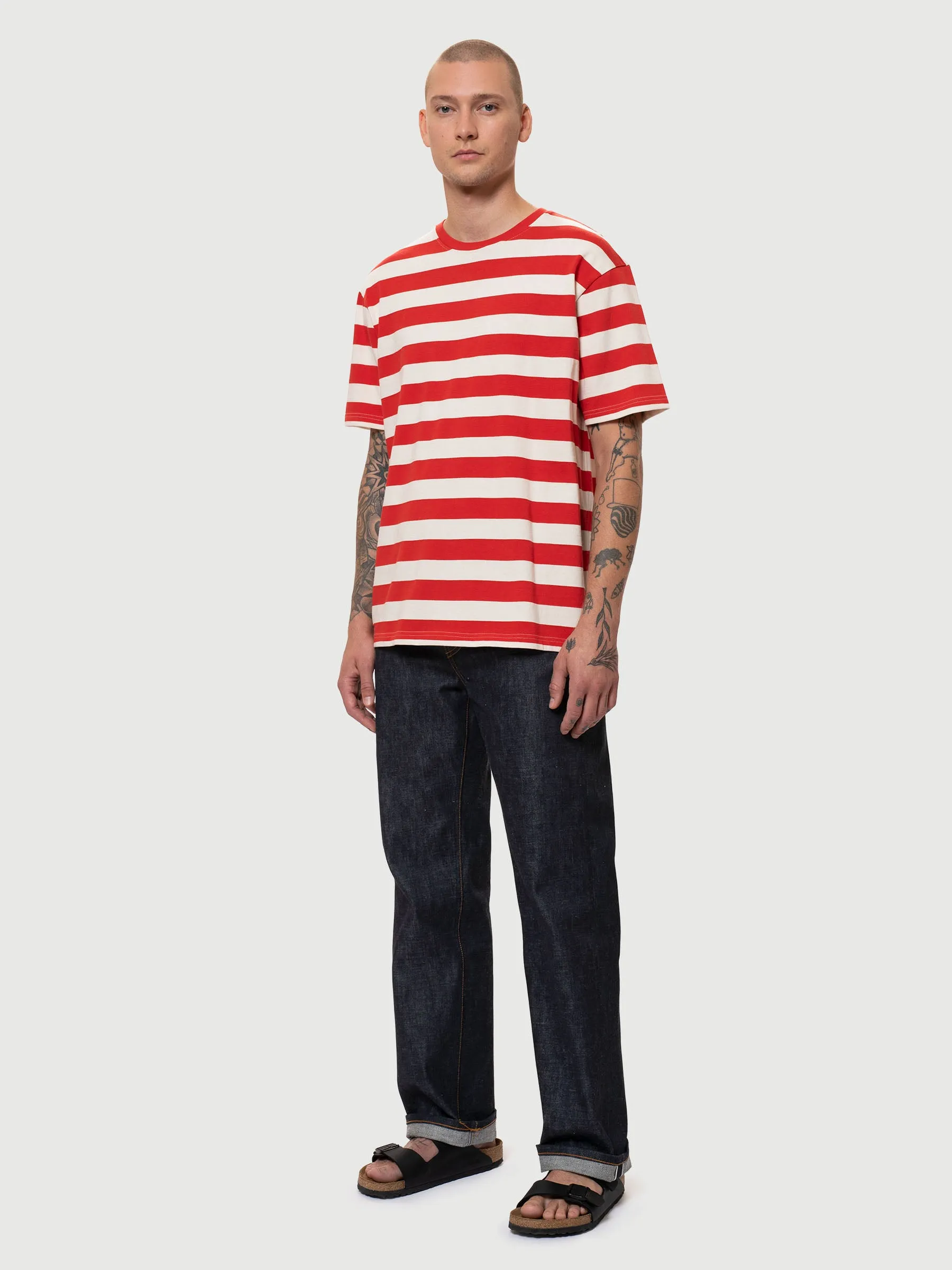 【Nudie Jeans】Uno Block Stripe Offwhit/Red 經典紅白條紋色織布短T sold by Blue Beach Denim product image thumbnail 2