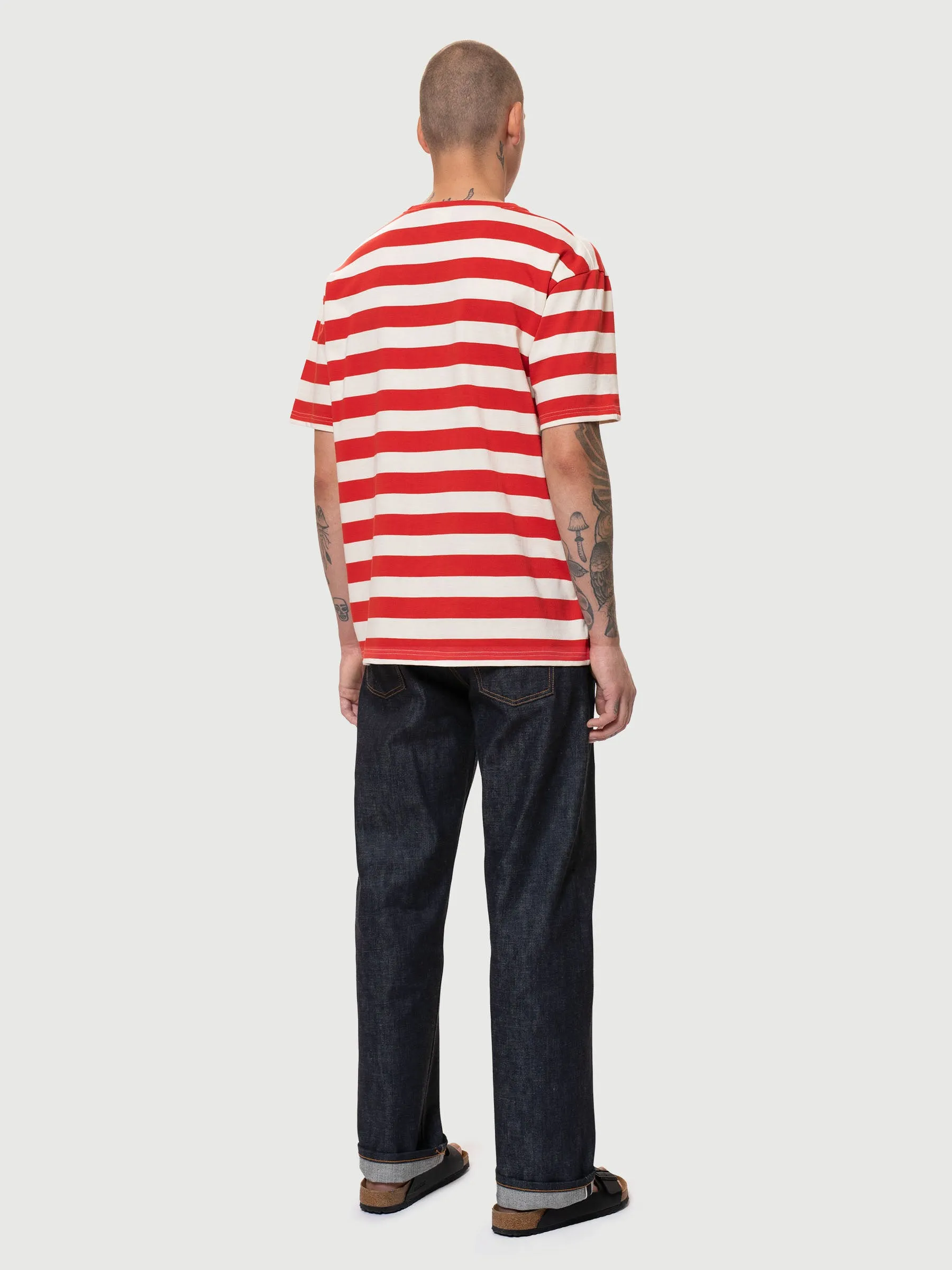 【Nudie Jeans】Uno Block Stripe Offwhit/Red 經典紅白條紋色織布短T sold by Blue Beach Denim product image thumbnail 3